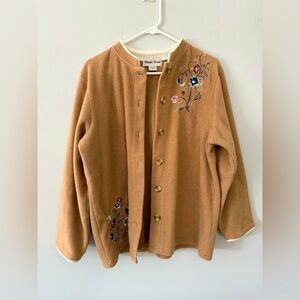 VTG Bonnie Evans Floral Embroidered Cardigan Sweater Button Down Tan Soft Size L